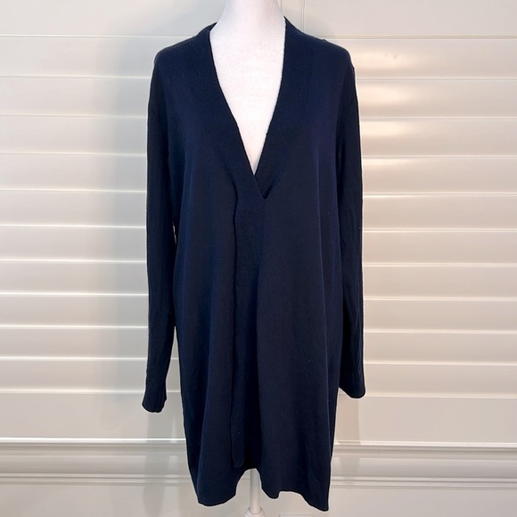 Eileen Fisher Wool Blend Deep V-neck Long-Sleeve Navy Twist Front Tunic | Large - Picture 1 of 8